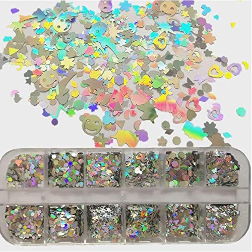 2 Boxes Holographic Silver Nail Glitters Sequins Butterfly Hearts Star Shape …