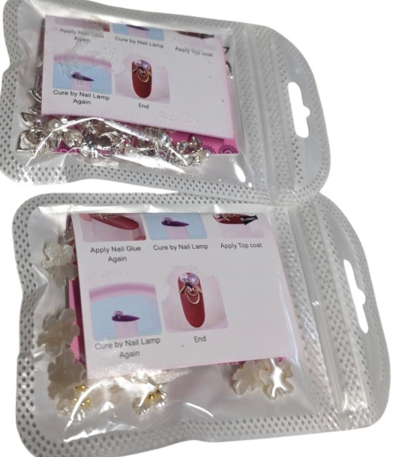 Lot of 2 3D Nail Art Charms Packs Flower Pearl Rhinestone Silver White Decor