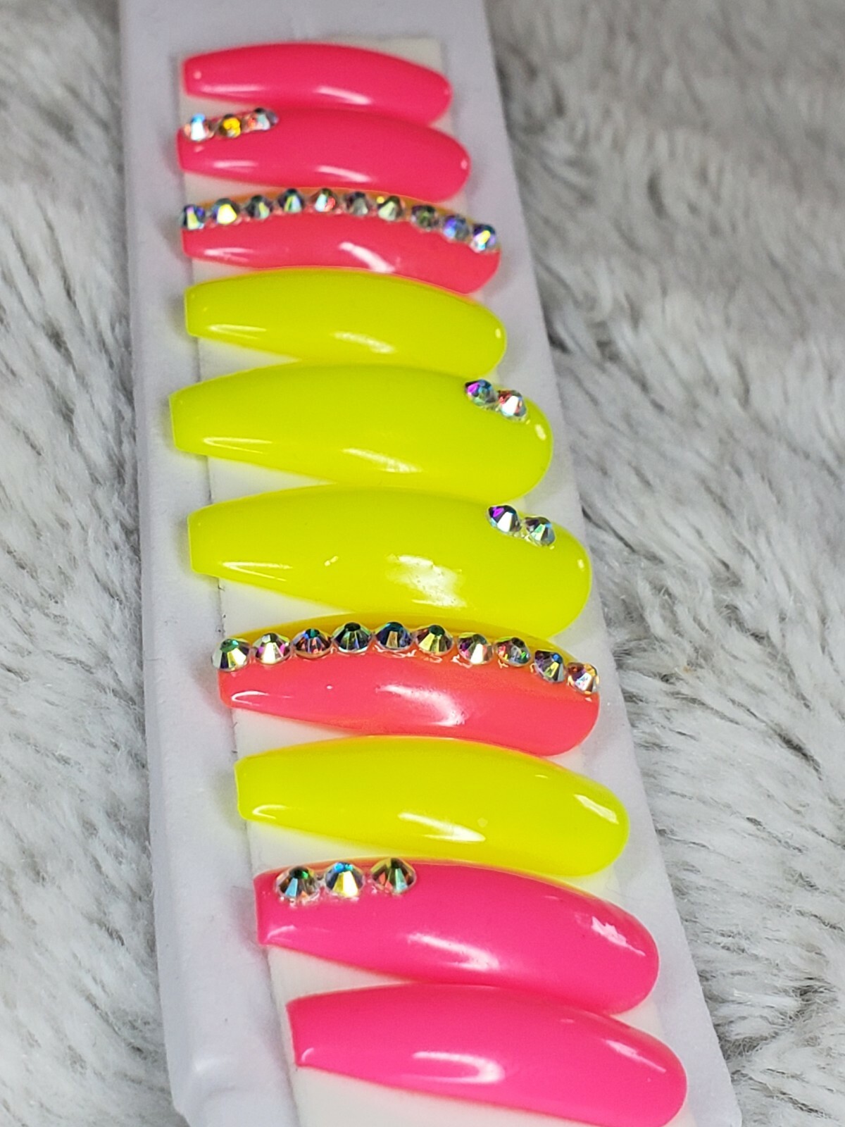 Bright Neon yellow & pink bling nails Press On crystal gel nails long coffin