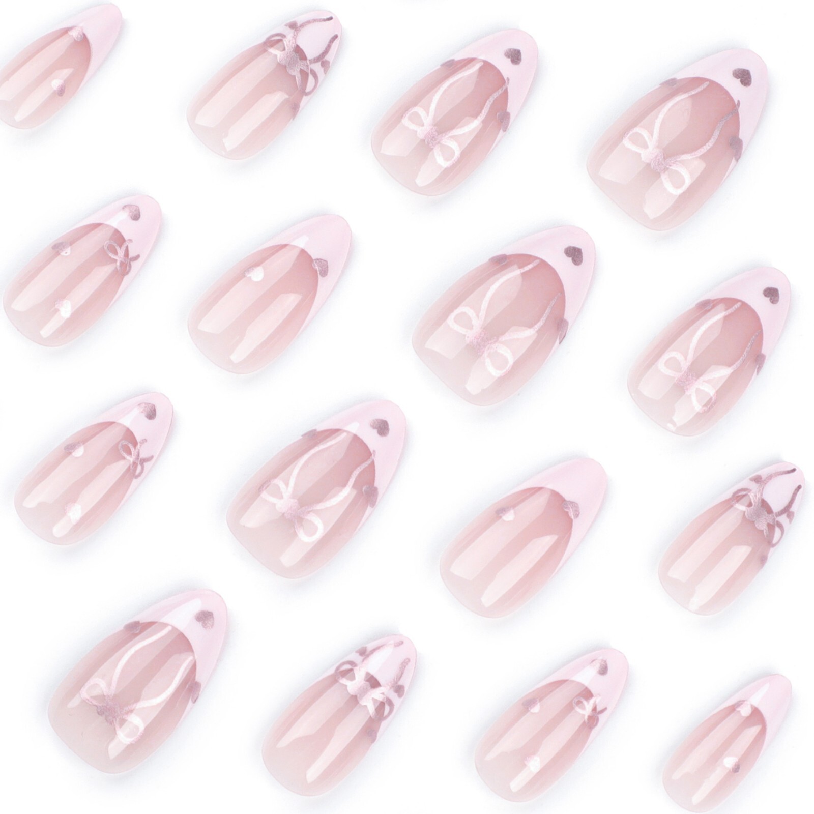 24pcs Sliver Bowknot Heart Dots French edge press on Nails, Short Almond Shape