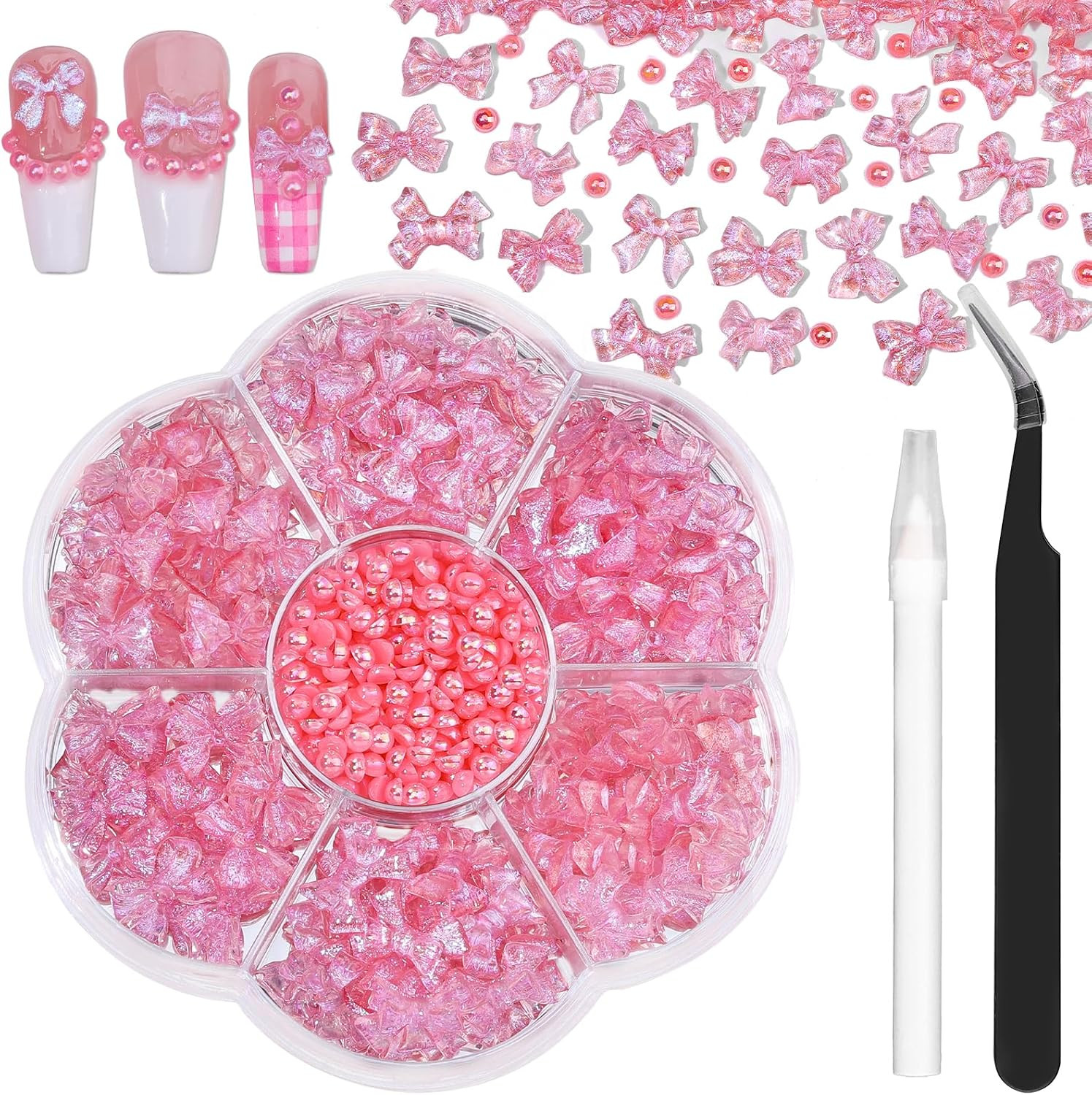 Charms Kit for Nails, 400Pcs Bow and Flatback Pearls Set, 3D Acrylic Rhinestones