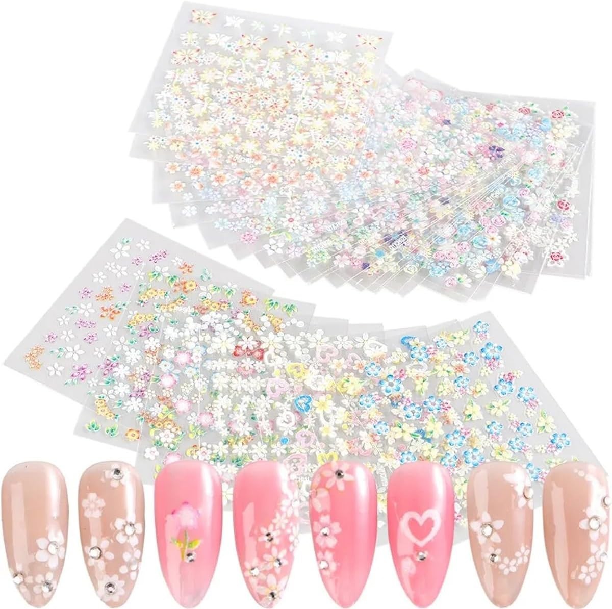 Self-Adhesive Nail Art Stickers with Colorful Floral Patterns and Hearts