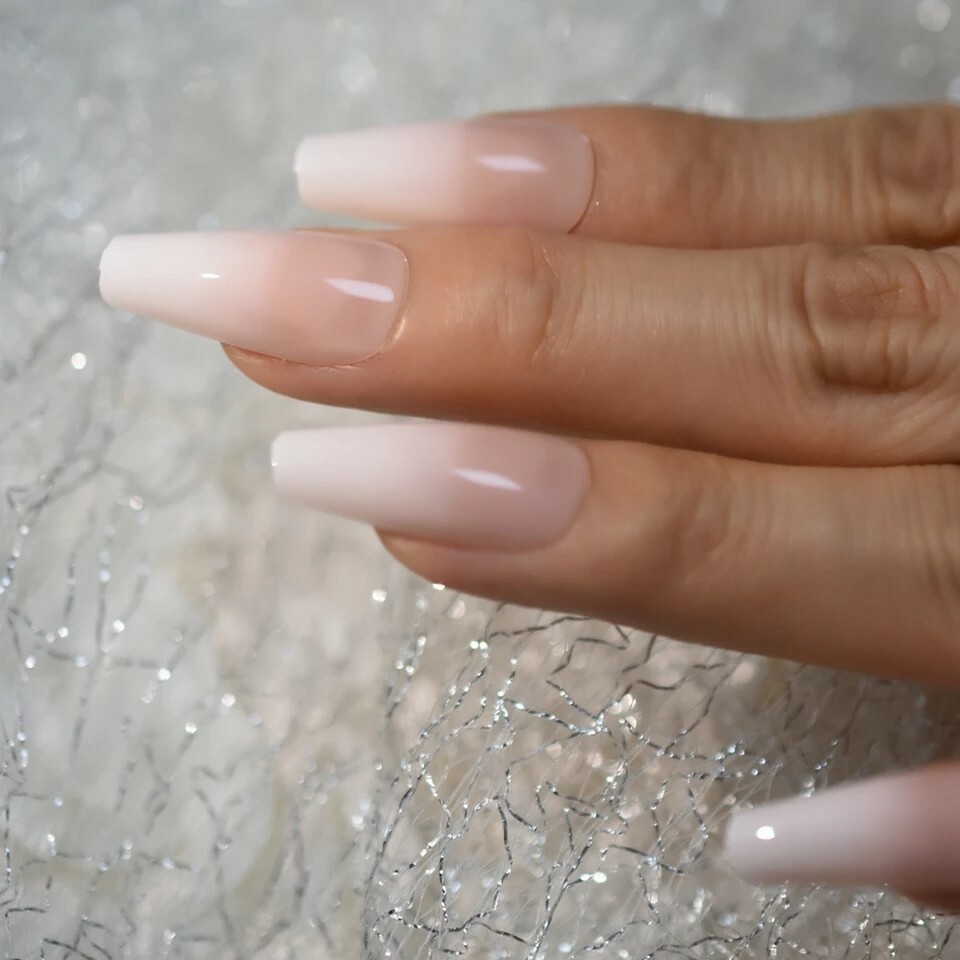 Press On Nails Long Coffin Ombre Pink French Tip Manicure Baby boomer