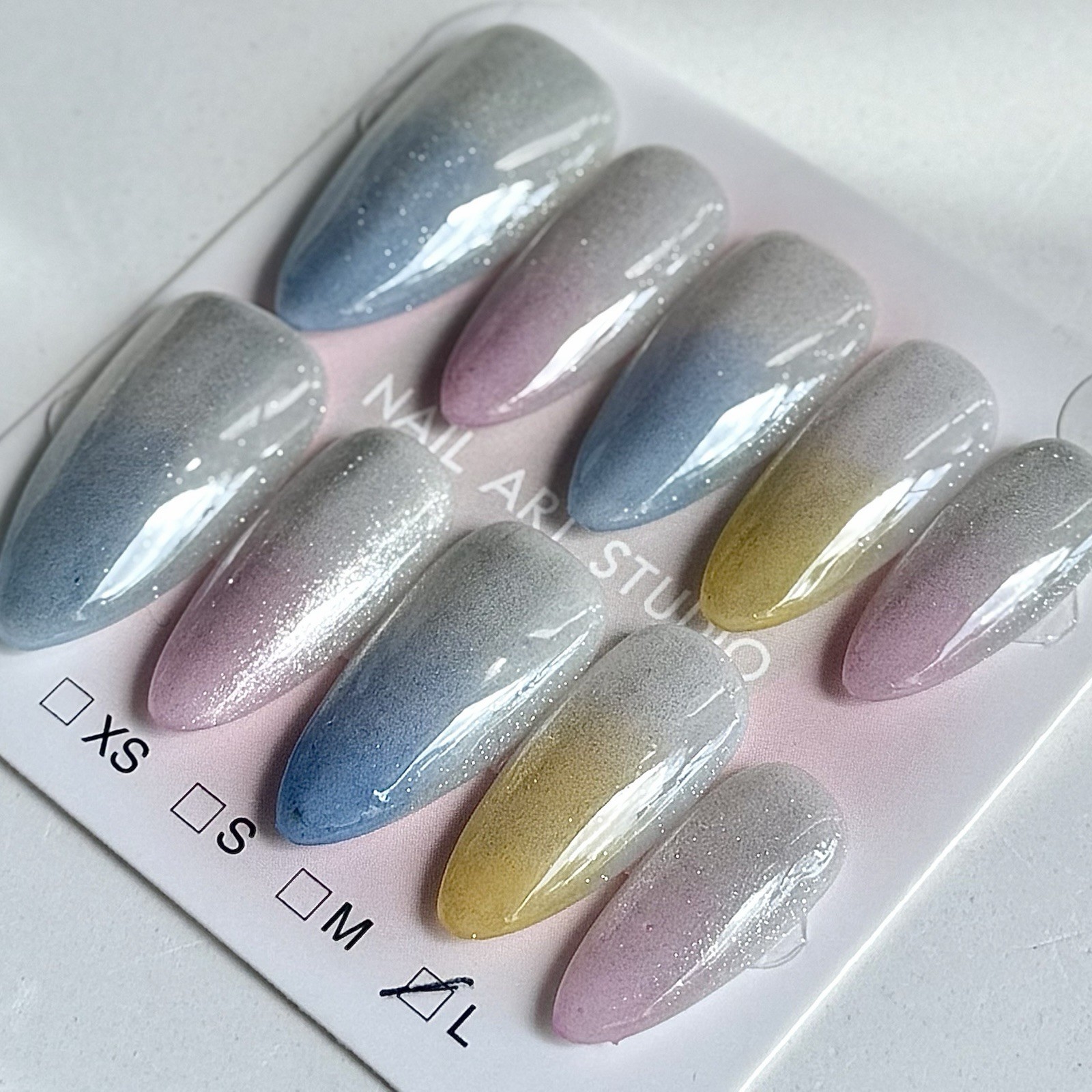 Handmade Rainbow Cat Eyes Press-On Nails Medium Almond Size L Reusable Fake Nail
