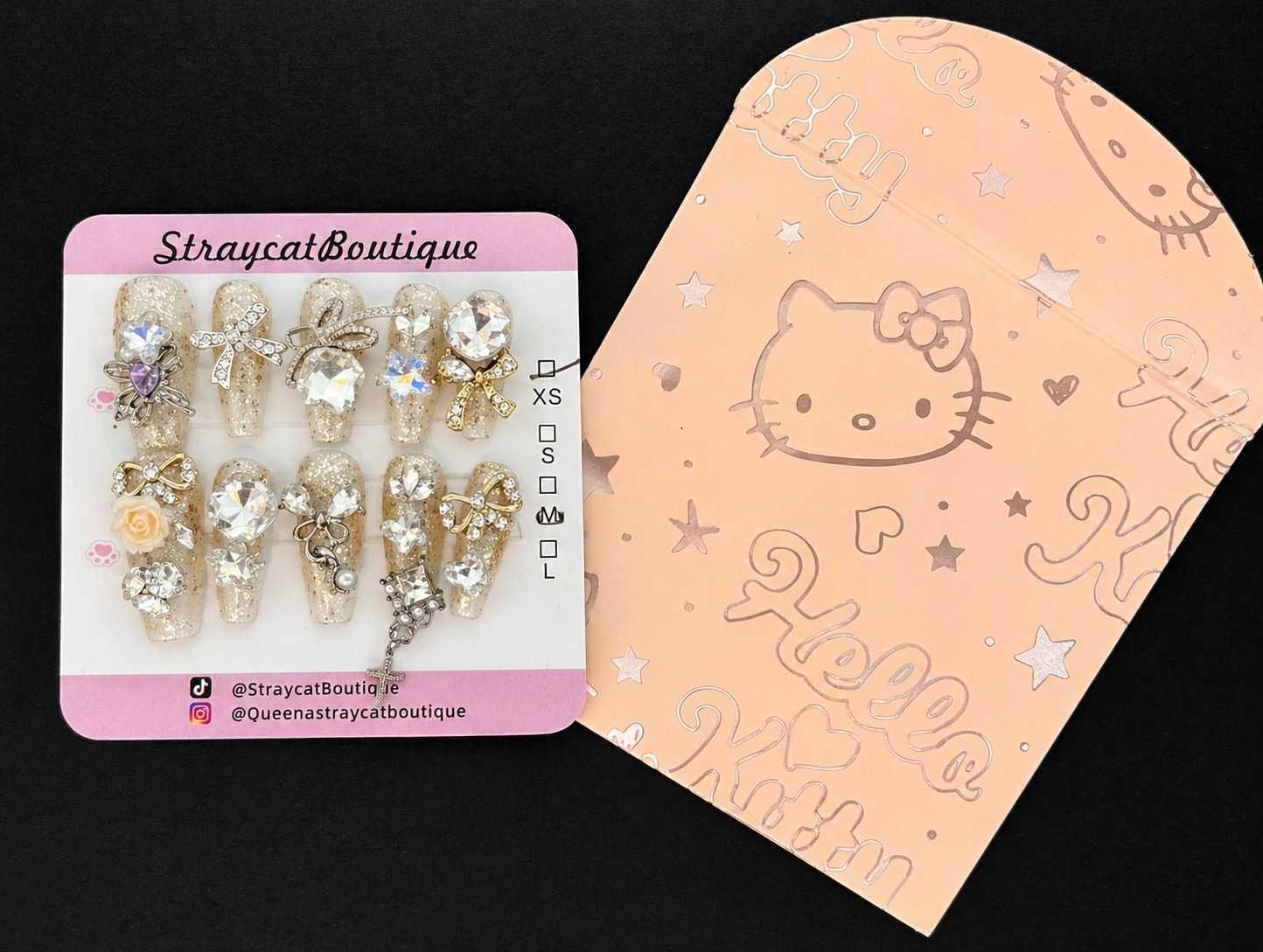 Straycat Boutique Gold Rhinestone Press On Nails 3D Bow Crystal Glam Bridal XS