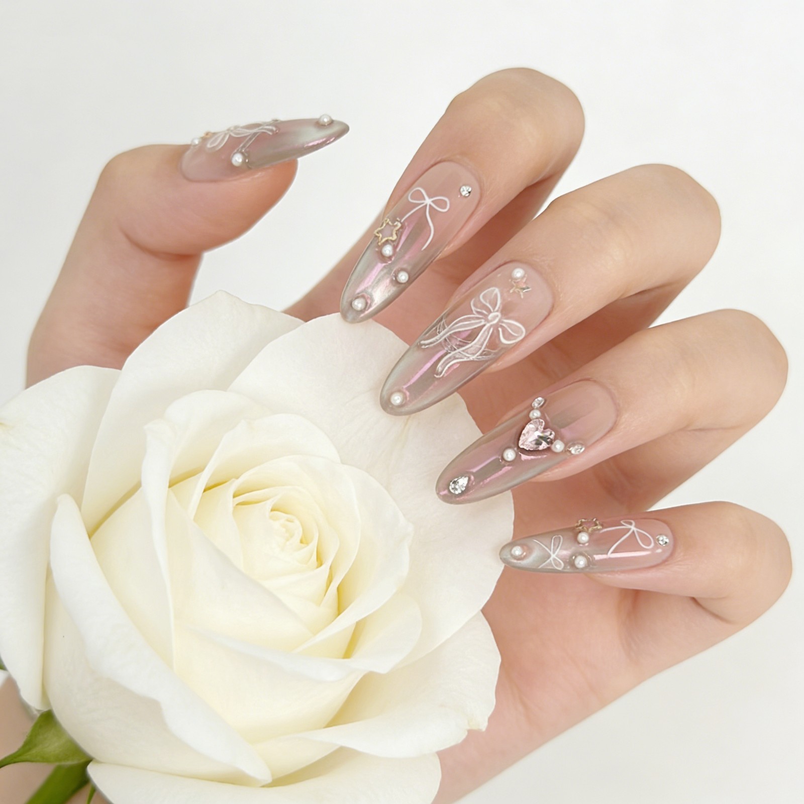 Pink Aurora Bow Press On Nails Almond Pearl Rhinestone Reusable Glue On Set