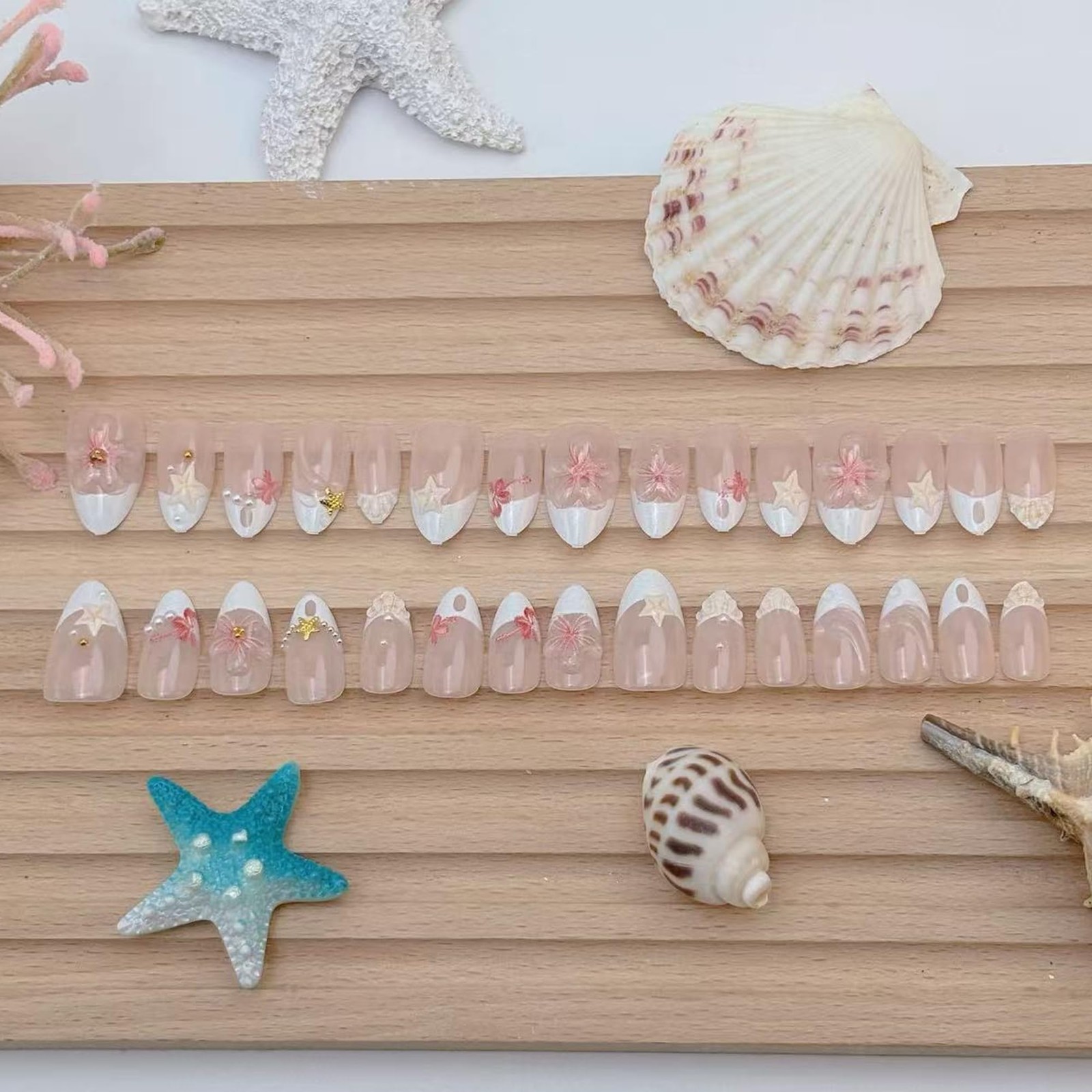 30Pcs Short Almond Press On Nails, Summer Beach Theme False Nails with 3D Pin…