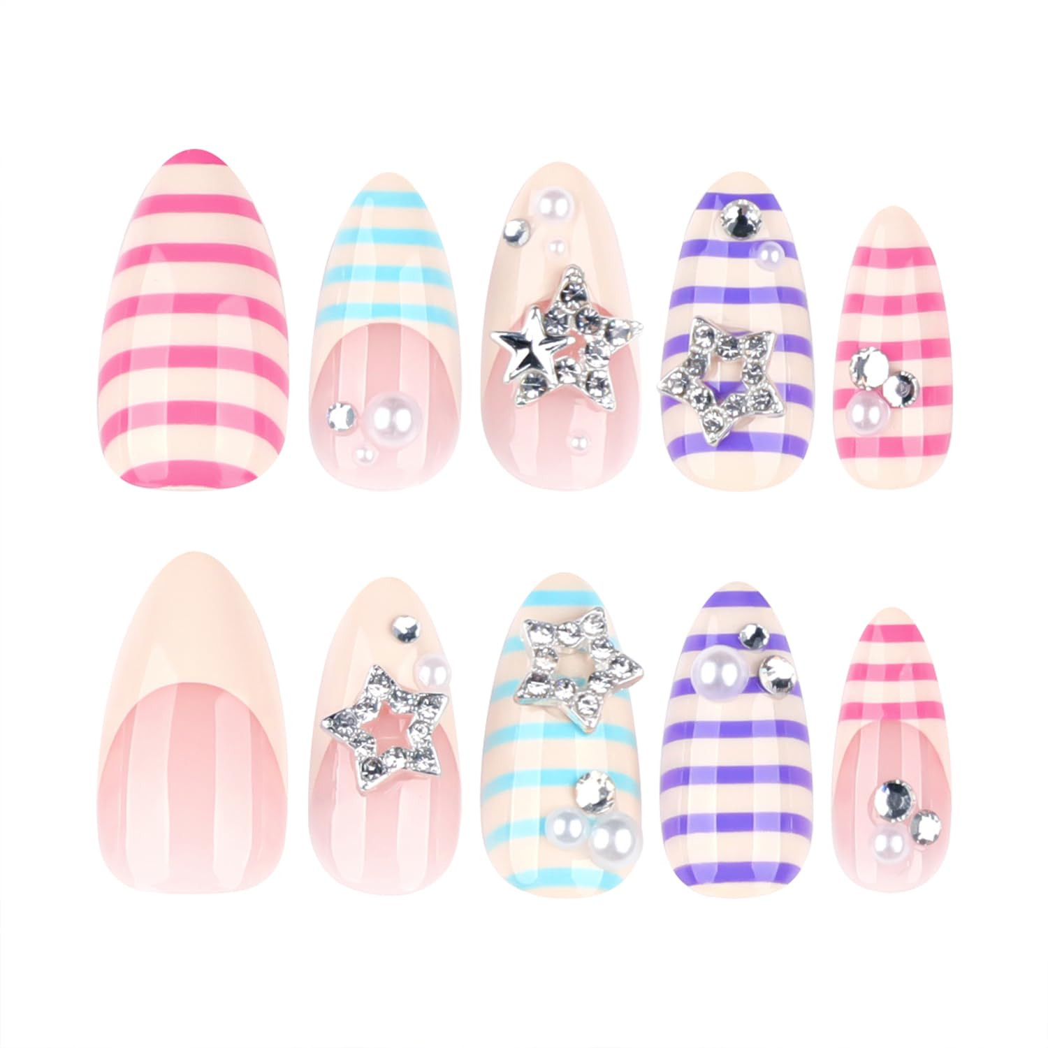Soft Gel Press on Nails Medium Almond Colorful Stripe Design with 3D Star & Pear