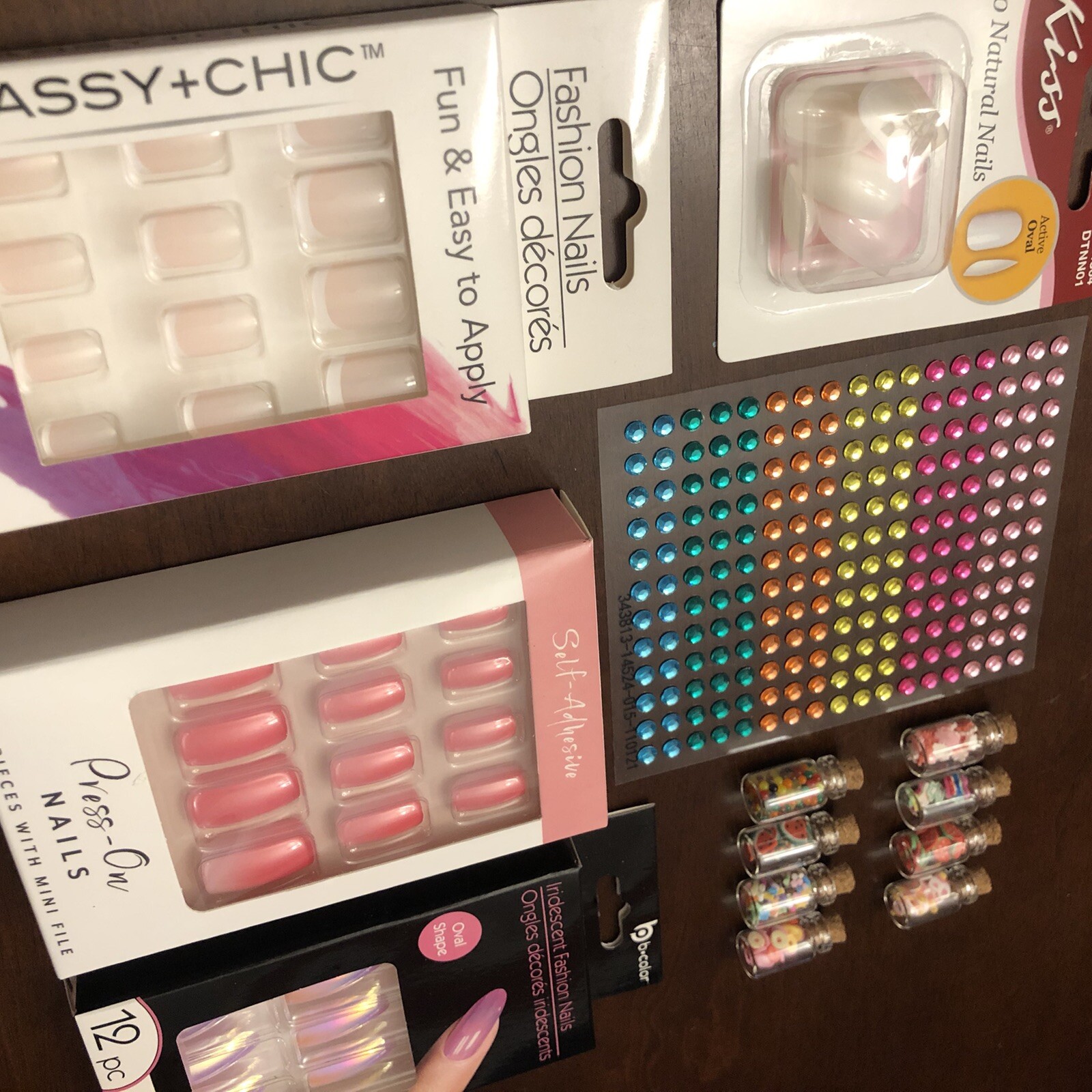 4 SETS PRESS ON NAILS Nail Art Tiny Gems Food Miniatures Acrylic Jewels Jars