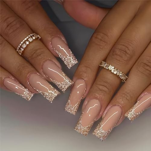 Square Press on Nails Long Fake Nails Gold Glitter French Tips 77-A14Golden