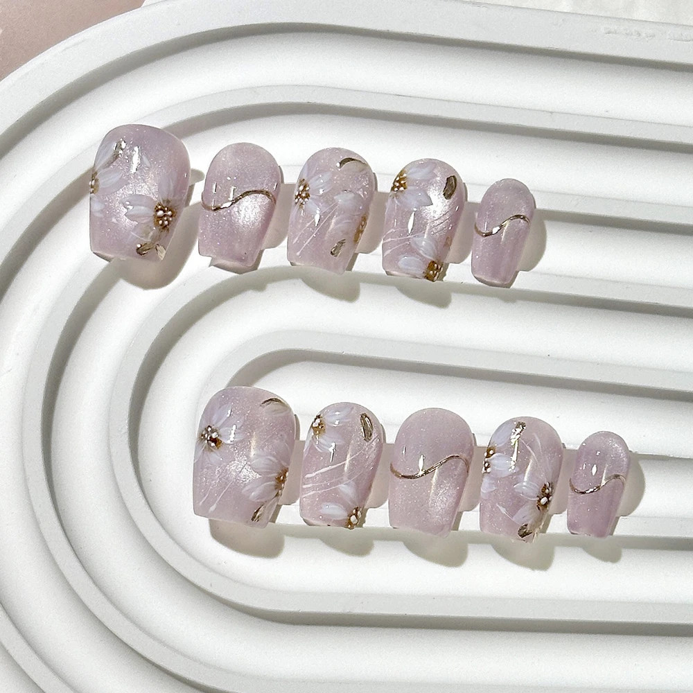 10Pcs Handmade Press on Nails Cat Eyes Flowers Square Ellipse Pearl Diamond
