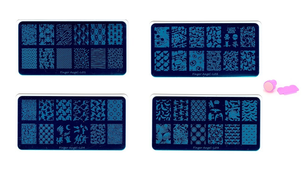 4 pcs Lot Halloween Designs Manicure Nail Art Stencil Image Stamping Scraper Kit