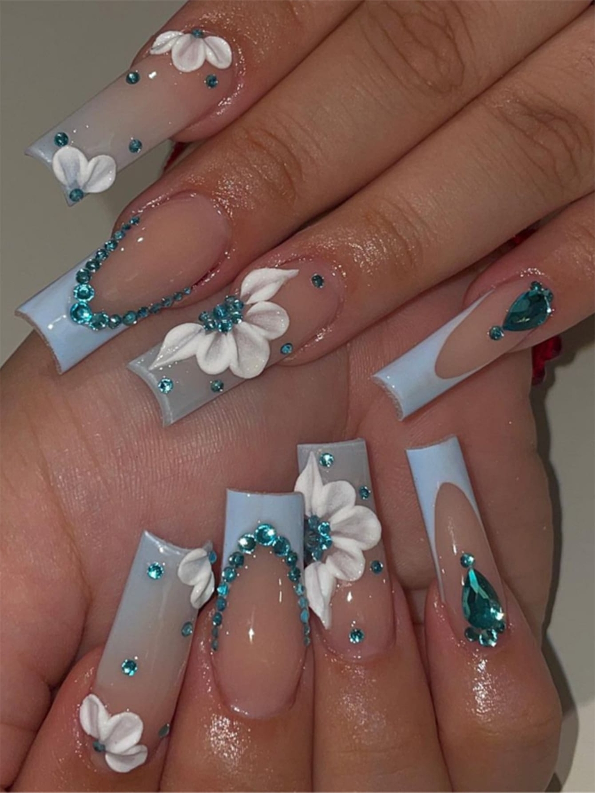 24pcs/set Long Coffin Light Blue French Manicure Fake Nails With Rhinestone