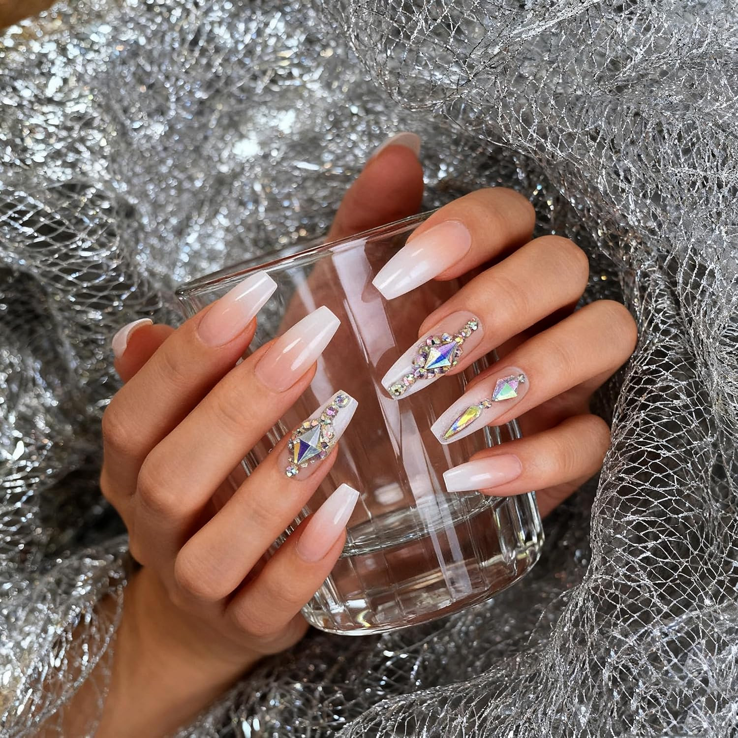 Super Holographic Blue Purple Coffin Nails Mirror Chrome Square Ladies Fake Nail