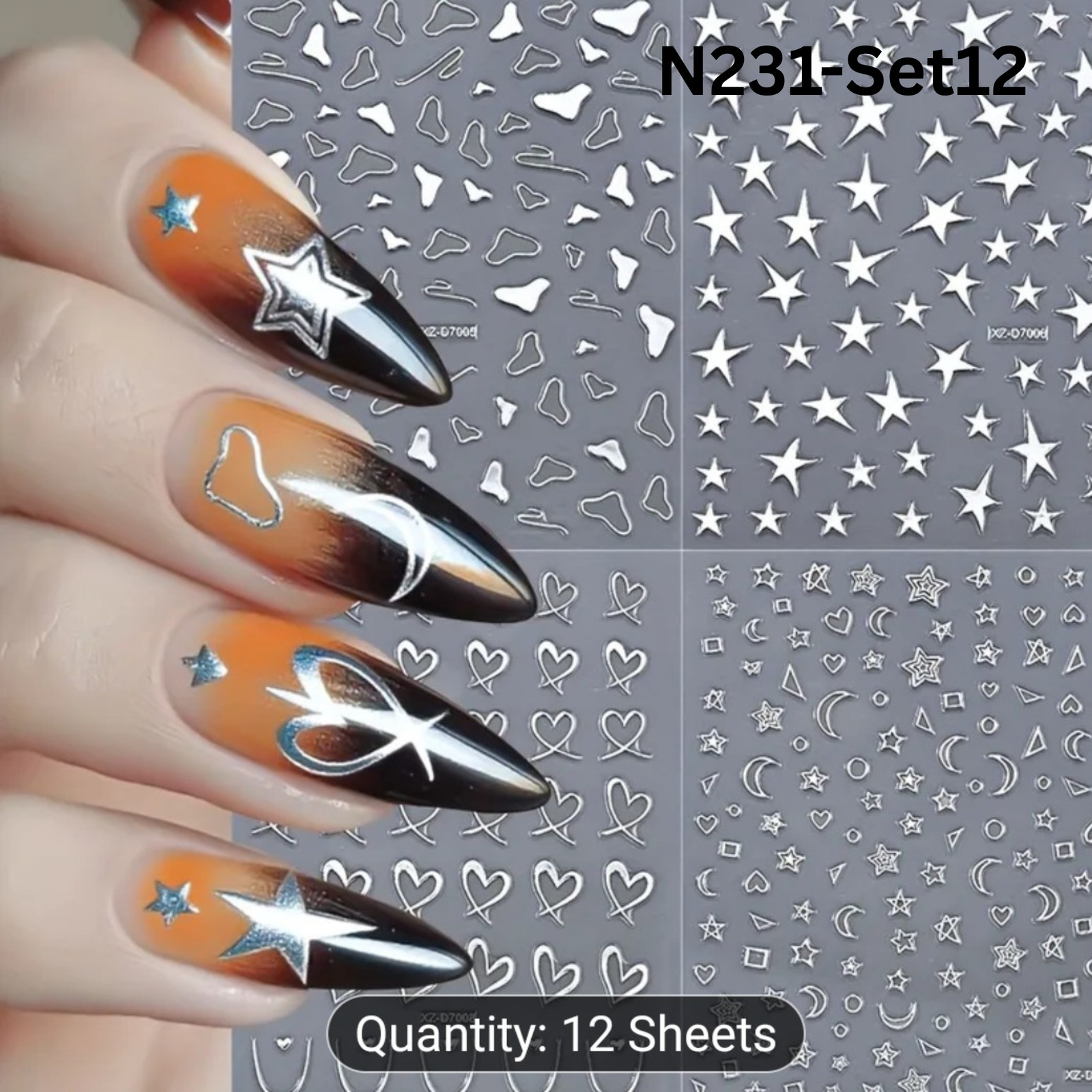 12PCS Nail Art Stickers Set – Choose Gold Silver Black White – Self Adhesive 3D