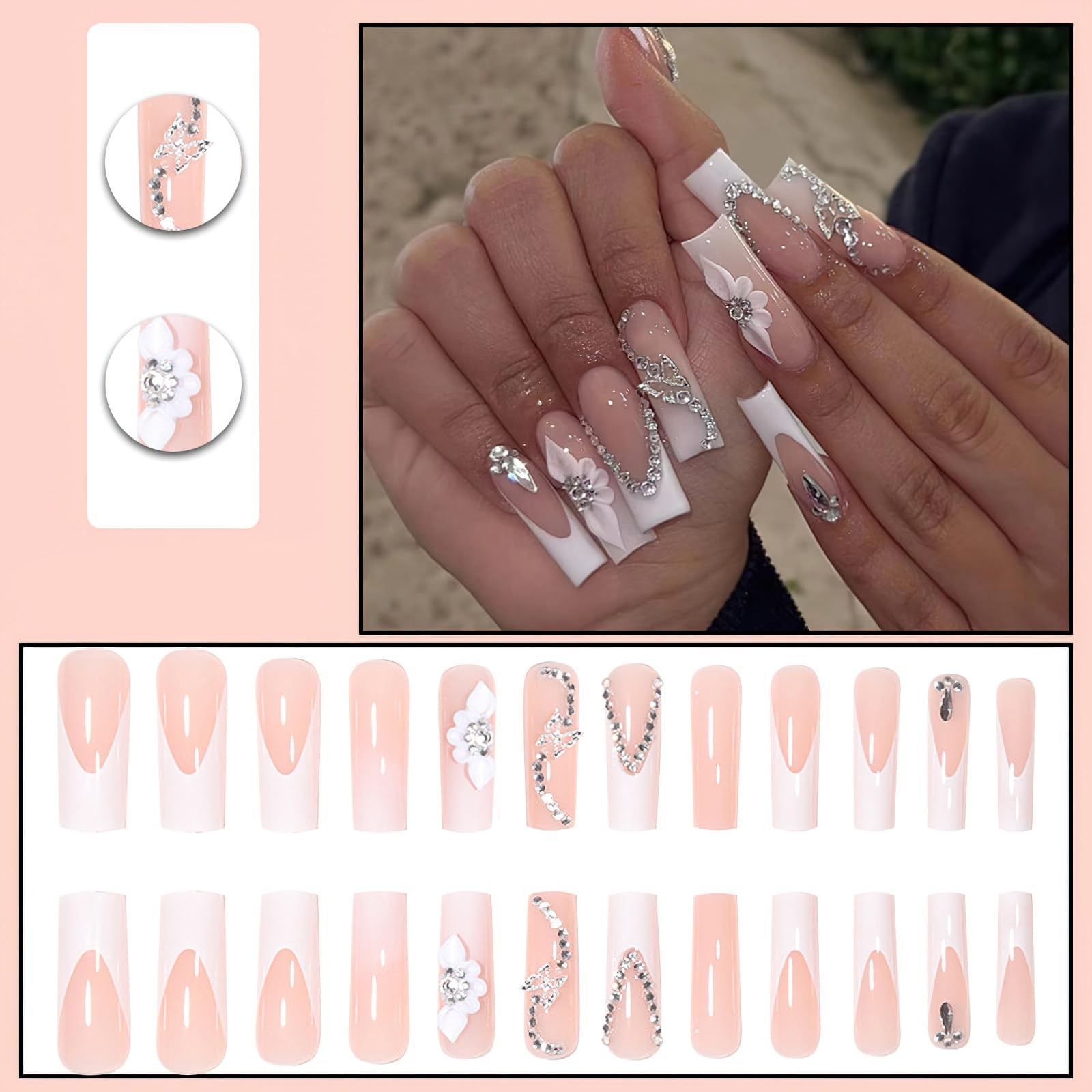 French Tip Press on Nails Long Square Fake Nails Glossy Nude False Nails with…
