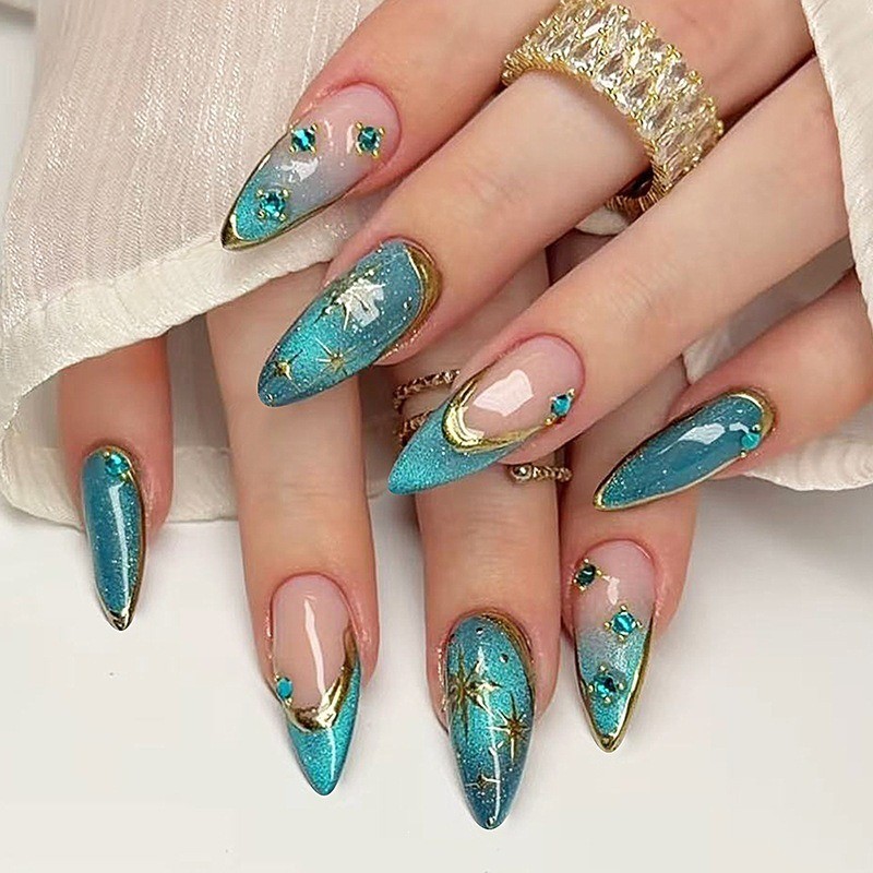 48Pcs-Teal Cat Eye Star Rhinestone Gold Line Long Elegant Almond Daily Nails