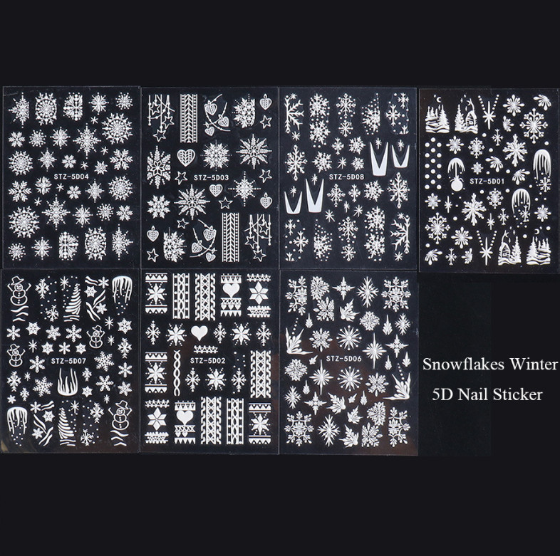 5D Embossed Christmas Snowflakes Tulip Flowers Heart Bear Nail Stickers Peel Off