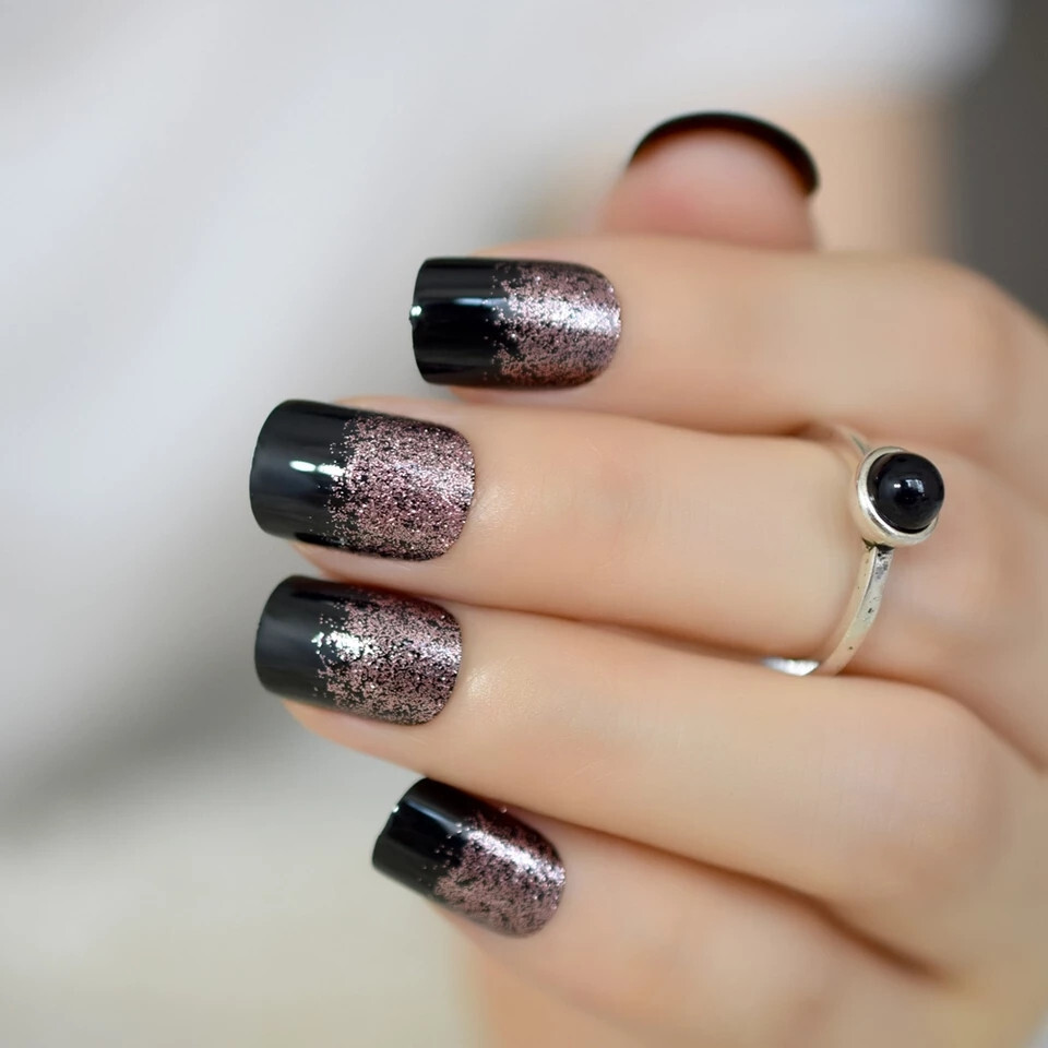24 Short press on nails kit w glue black square rose gold ombre glitter pink