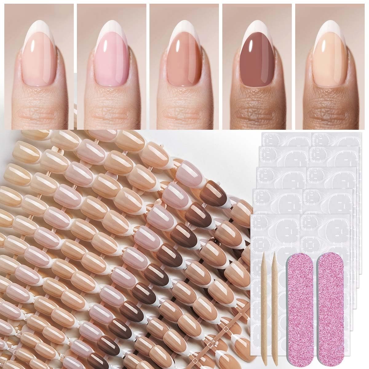 White French Tip Press on Nails Bulk,Short Almond Fake Nails in 9 Base Colors…
