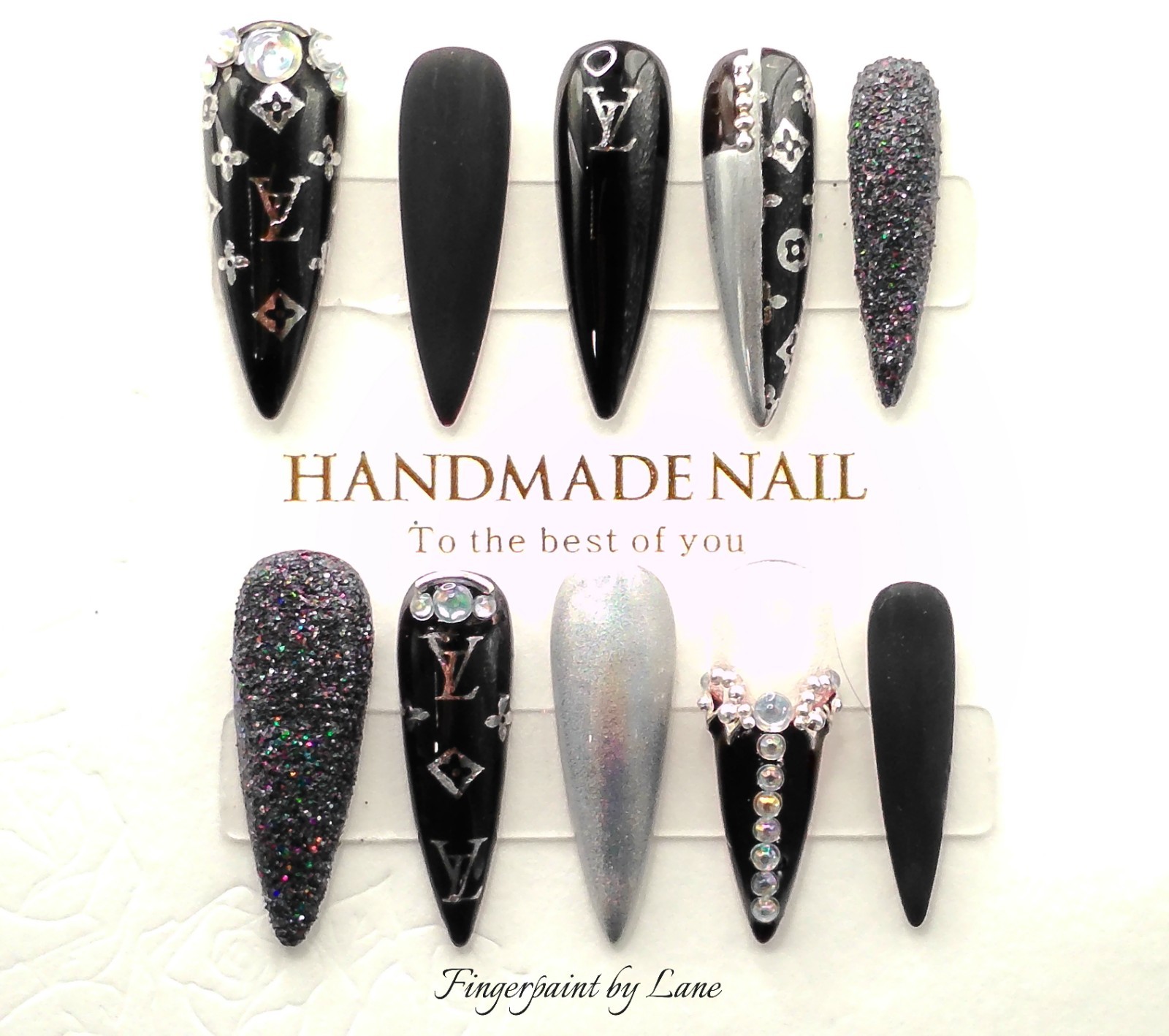 Black and Silver Metallic Chrome Long Stiletto Press On Nails – Medium/Small