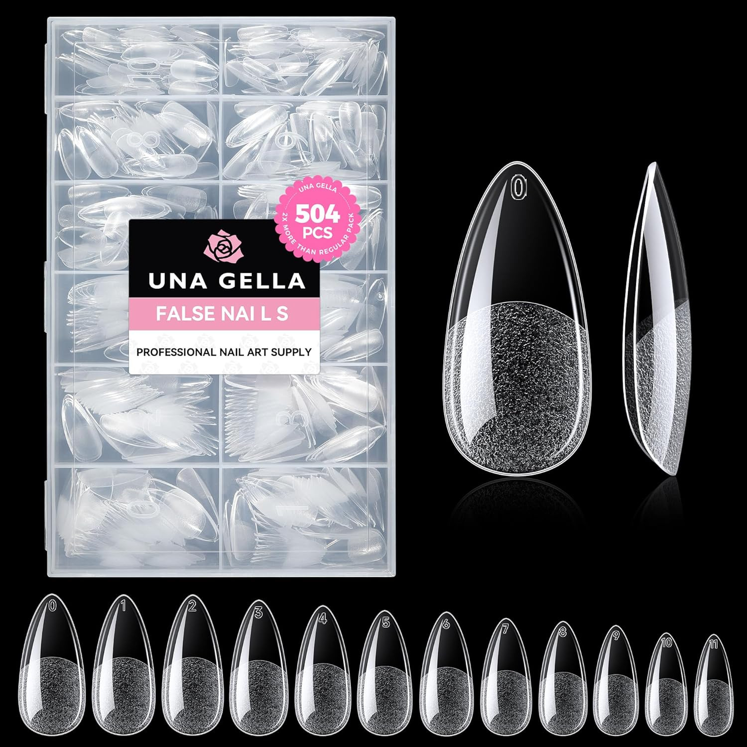 UNA GELLA Almond Gel Nail Tips, 504PCS Pre Etched Clear Fake Nails Tips Medium A