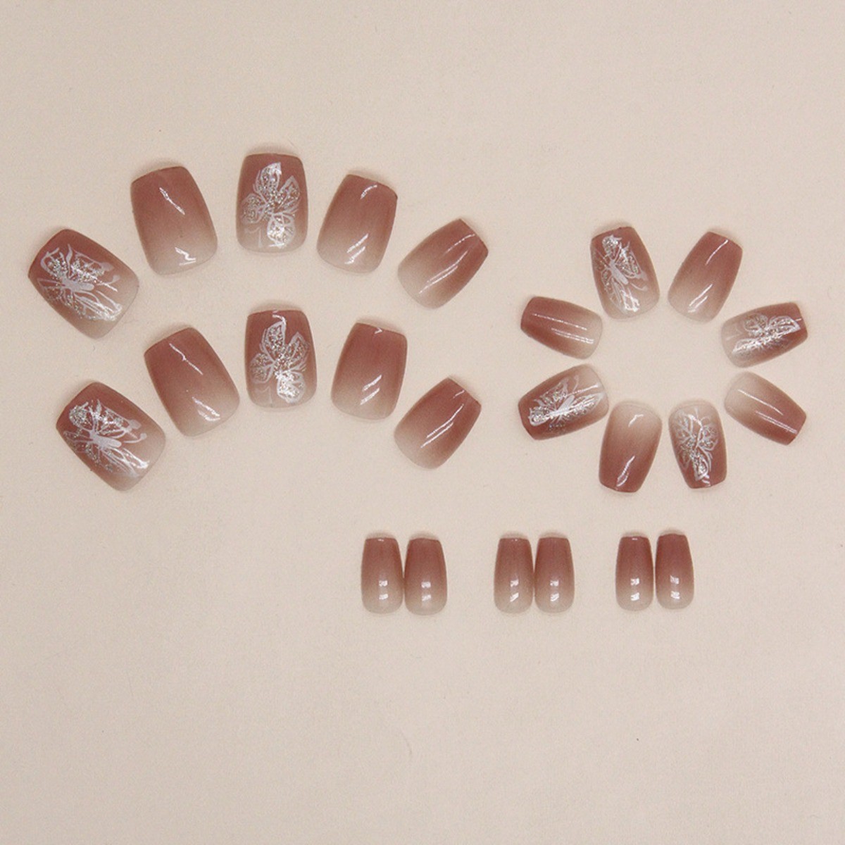 48pcs Short Square Press on Nails, Nude Brown Gradient Clear Butterfly Nails
