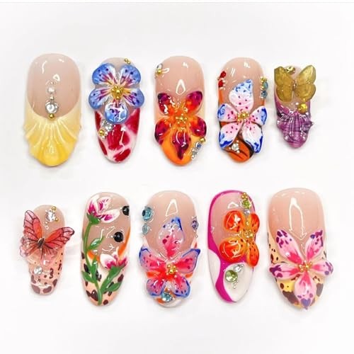 24Pcs Flower Press on Nails Medium Almond Fake Nails with 3D Colorful Spring