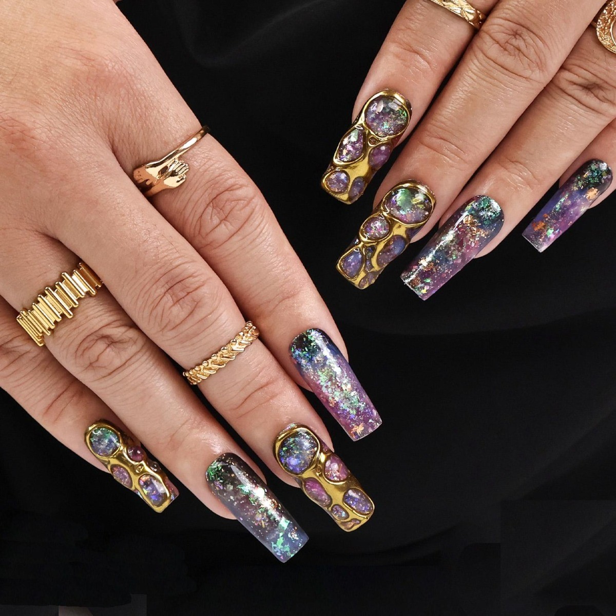 Purple Galaxy Handmade Press on Nails Gold Wire Iridescent Glitter Fake Nails