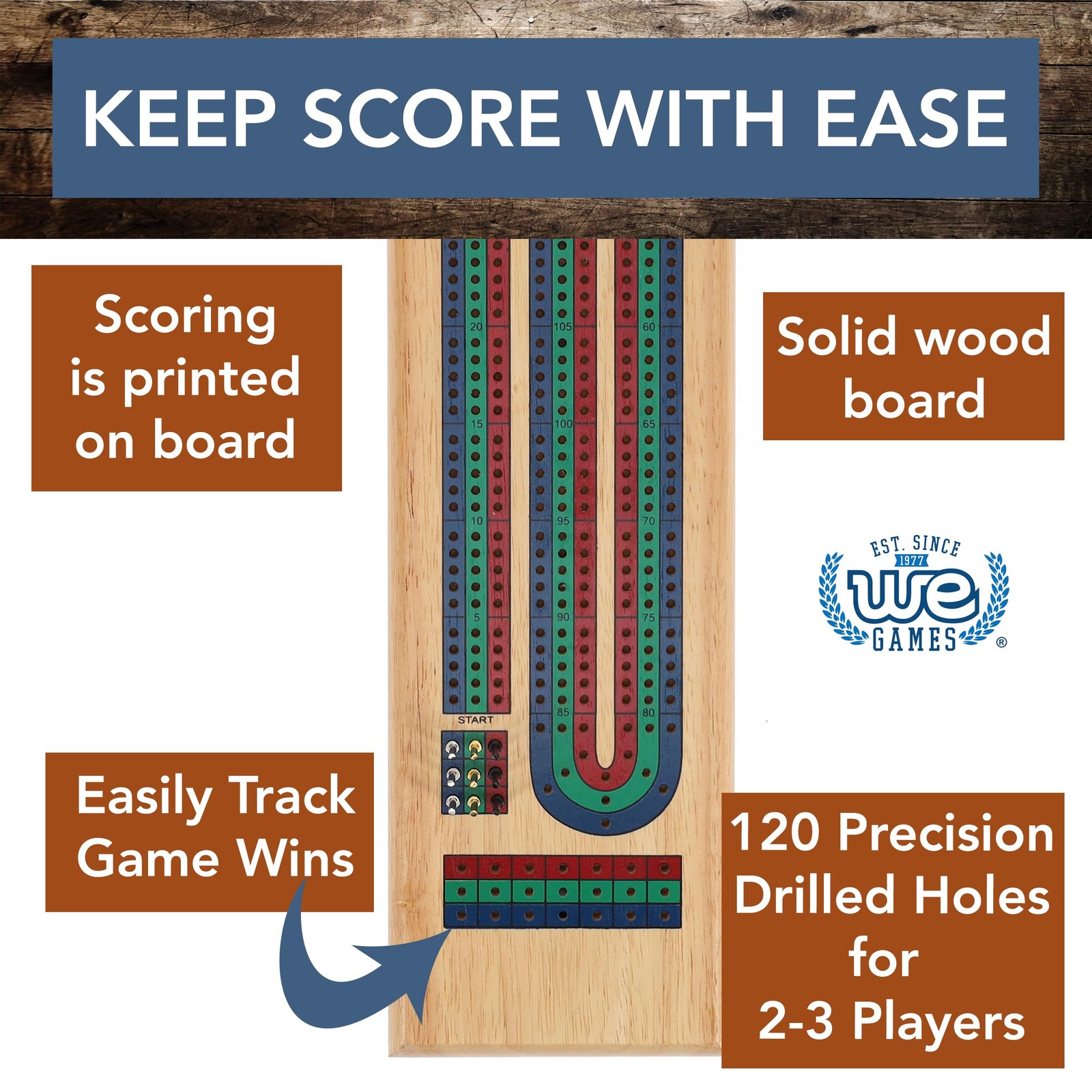 Wood Expressions Cribbage 3 Track – Red Blu Gre Medium, Brown