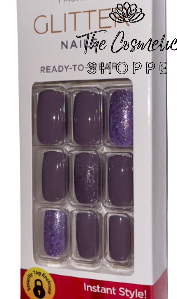 Kiss Fashion GLITTER Medium Length Glue On Heather Grey Nails (Plum Glitters) x2