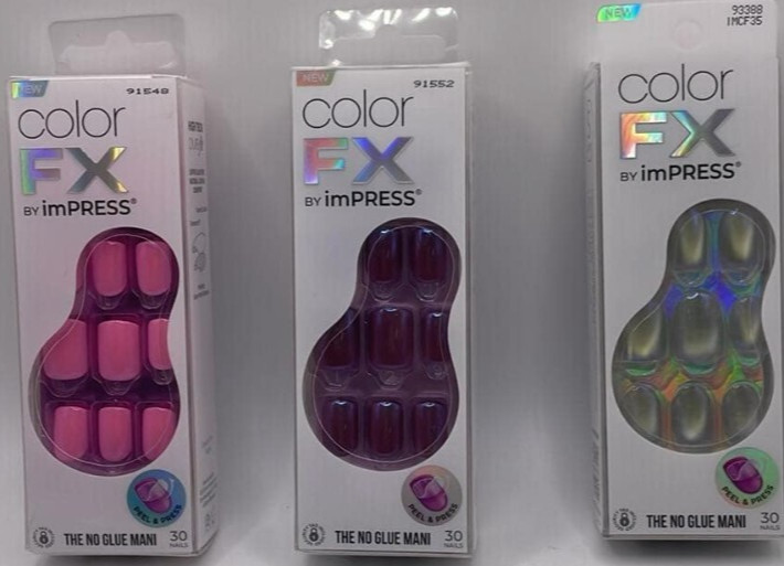 3PK Kiss Color FX By Impress Nails The No Glue Mani SET ~ 30 Nails EACH ~ NEW