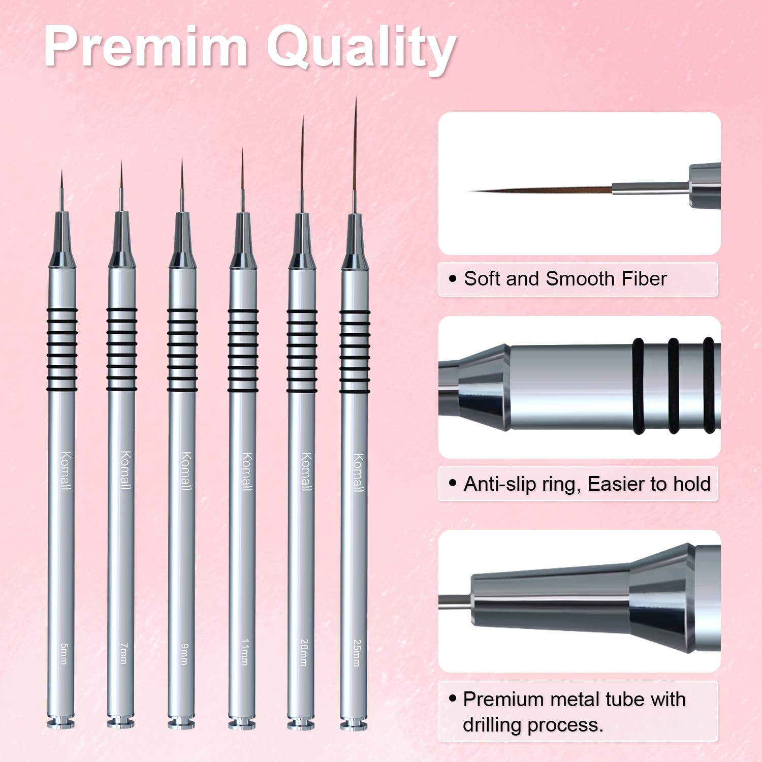 Metallic Nail Art Brushes, 6Pcs Non Slip Liner Brush Set, UV Gel Polish Painting