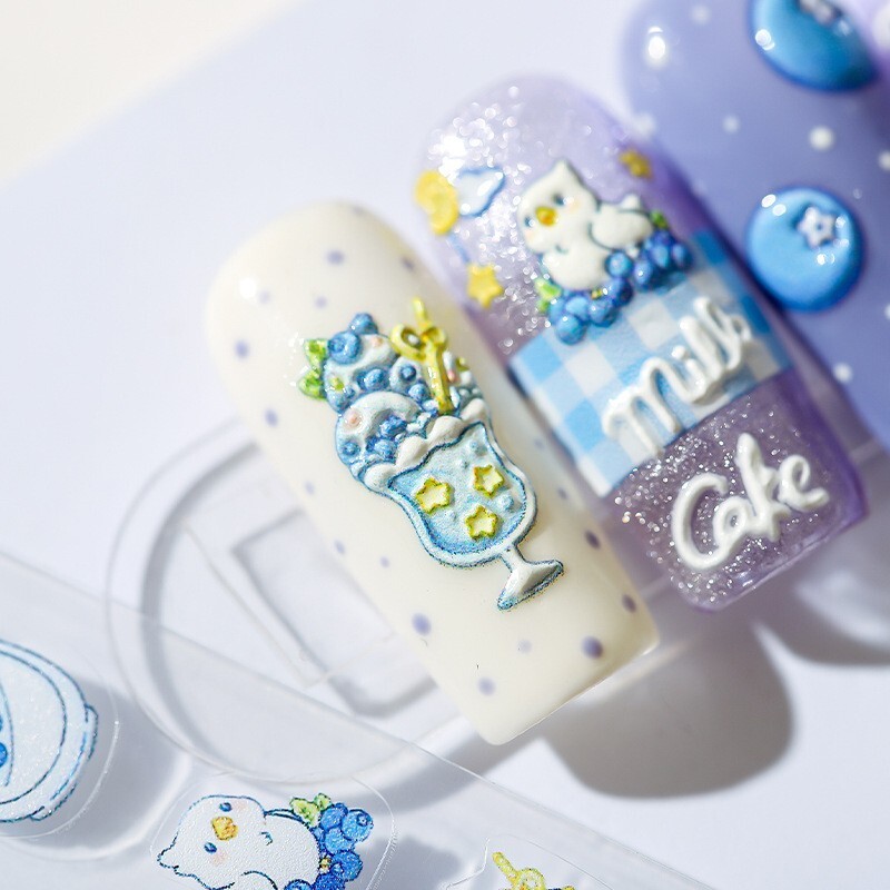 5D Blueberry Nail Decals, Macarons Nail Stickers, Blueberry Cake Decals Art (97)