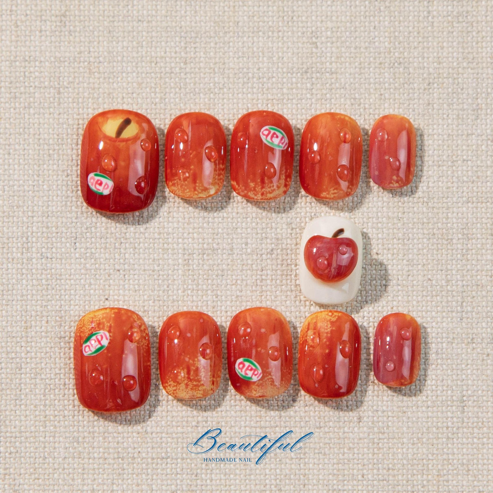 Custom Handmade 3D Red Apple Water Drop Label Short Square Press on Nails