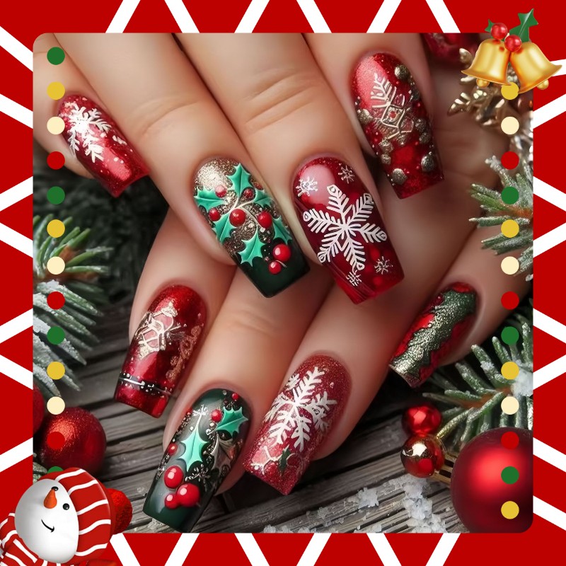 48P Long Coffin Press on Nails, Burgundy Holly Snowflake Luxury Fake Nails