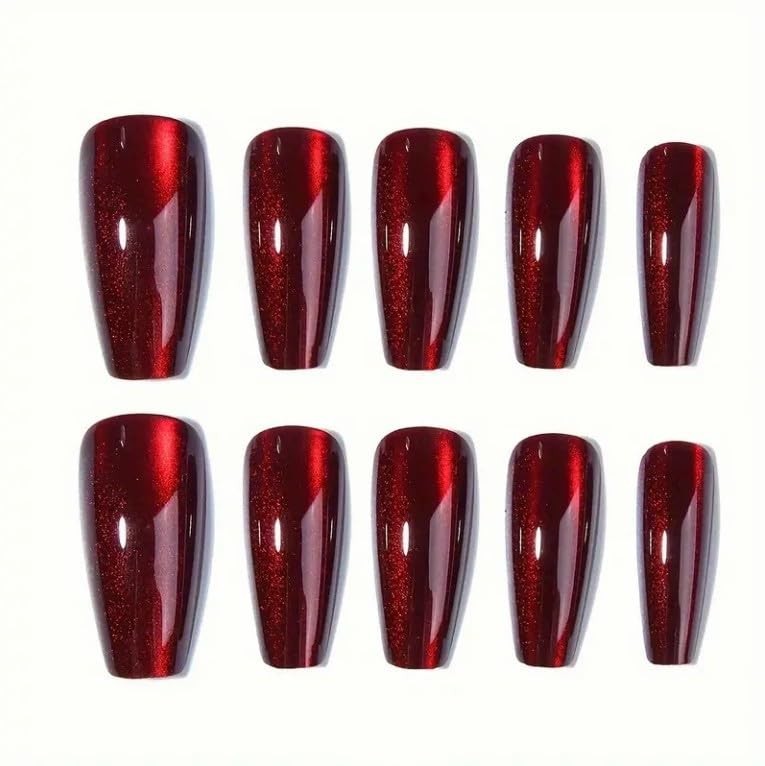Red Press on Nails Medium Coffin Fake Wine Cat Eye Medium, style7