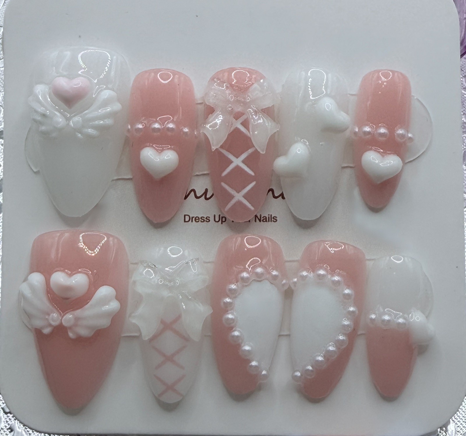 10 PCs Handmade Medium Length Almond Press On Nails Angel Wing Heart Pink White