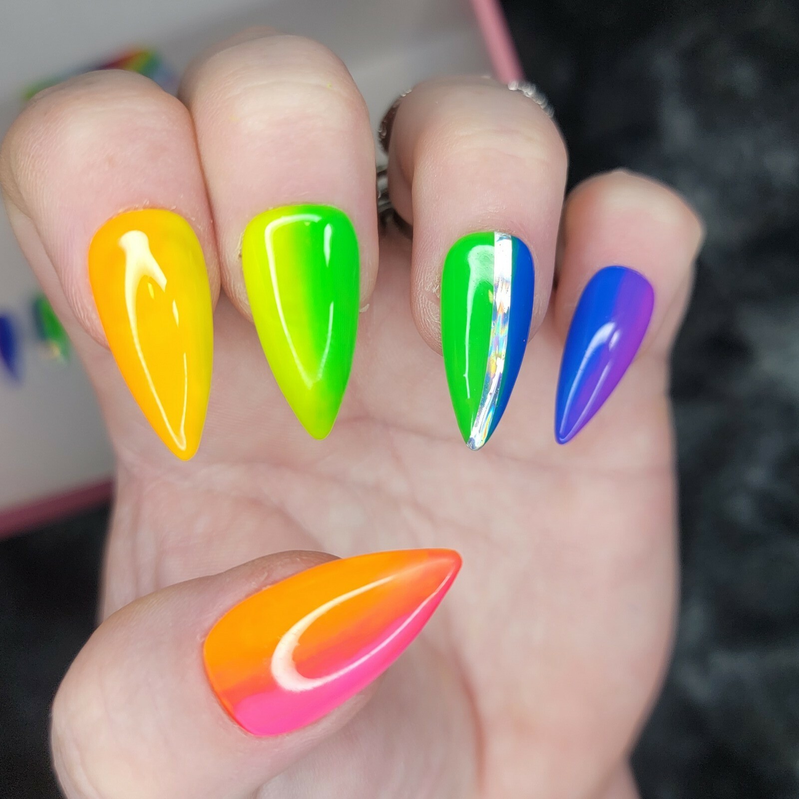 Neon Rainbow ombre nails bling medium stiletto PRESS ON NAILS pride summer nail
