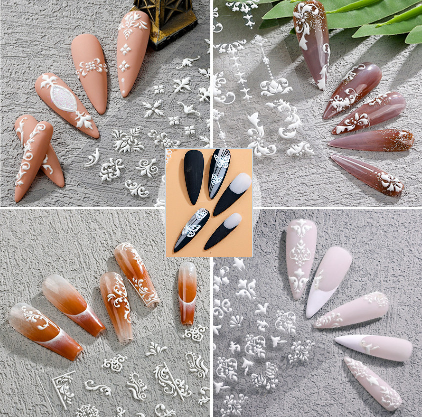 5D Embossed Butterfly Lace Flowers Snowflake Nail Stickers Sliders Manicure NS54