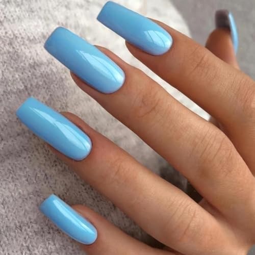 Baby Blue Press On Nails Medium Long Square, Medium Coffin Nails glossy blue
