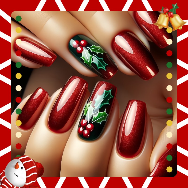 48P Long Coffin Press on Nails, Burgundy Cat Eye Holly Berry Fake Nails