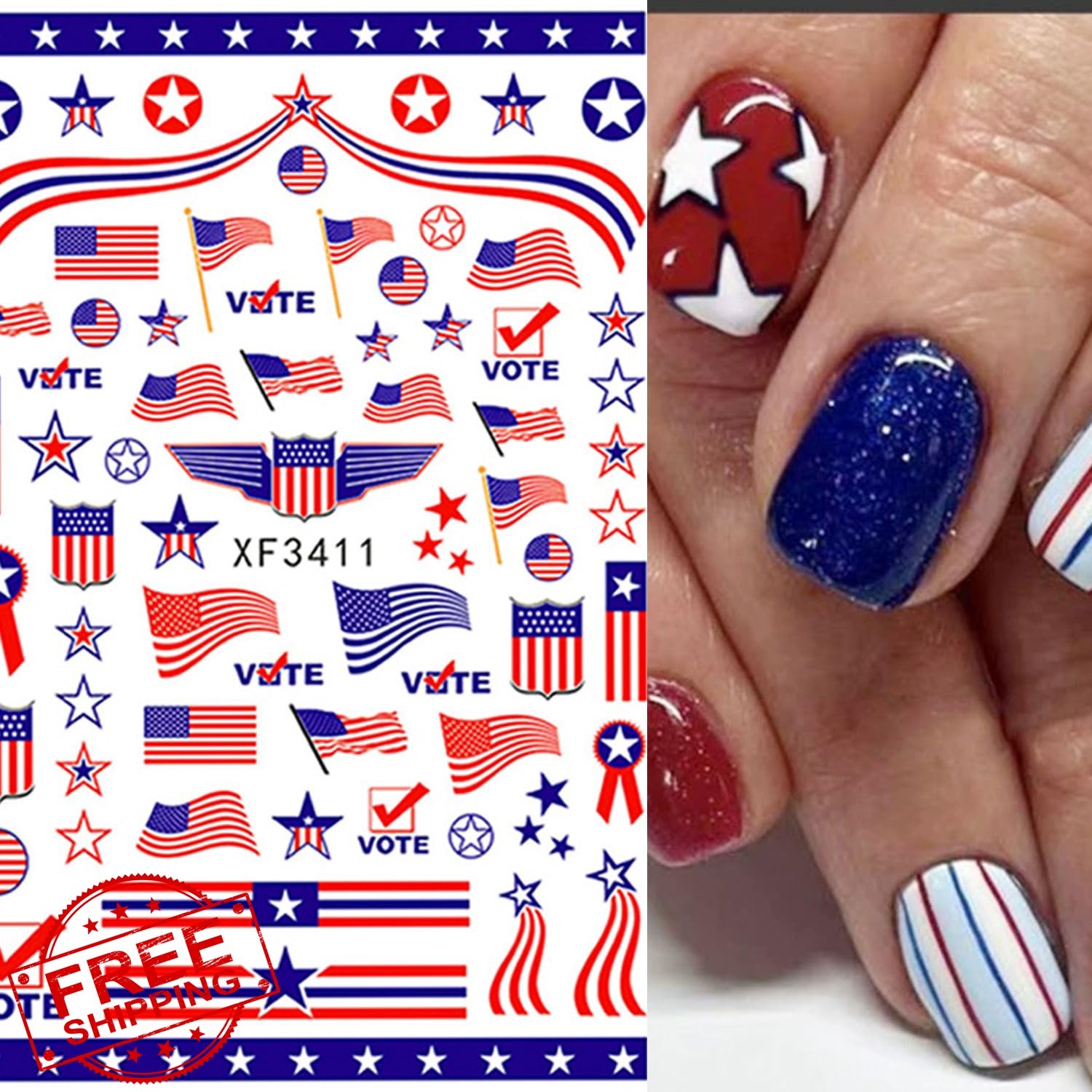 Mdscve 8 Sheets 4th July Nail Stickers Blue Red Stars