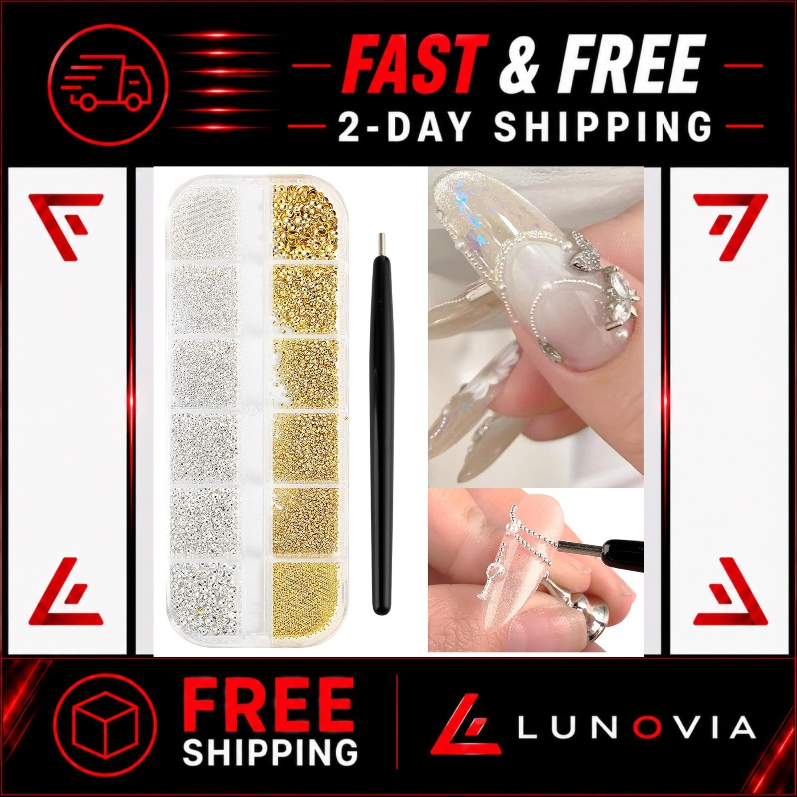 3D Nail Beads Gold Silver Caviar Beads with Magnet Picker Tool