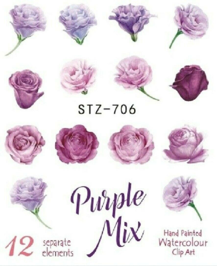 Nail Art Stickers Water Decal Spring Summer Purple Watercolor Roses (STZ706) NS5