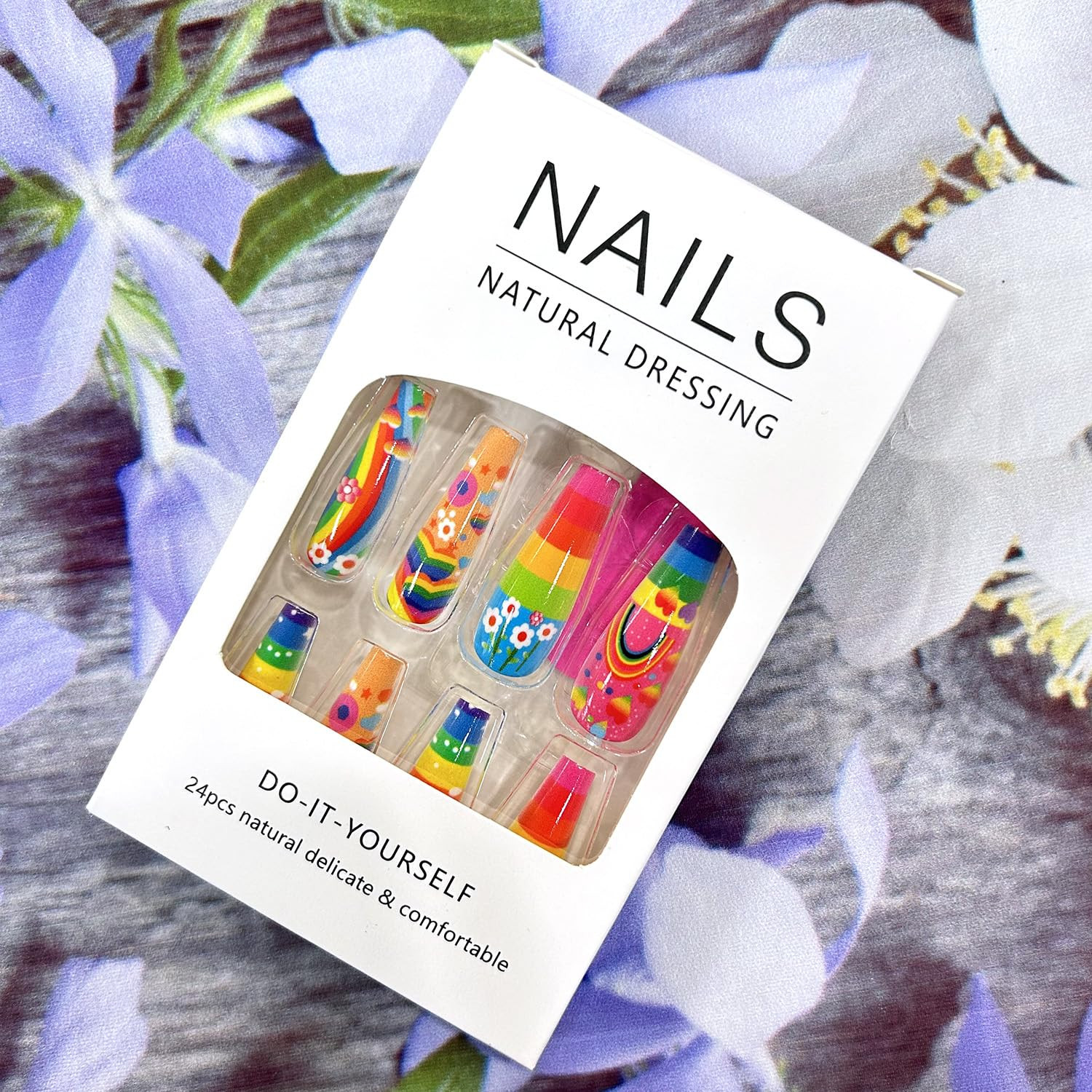 Rainbow Stripes Press on Nails Long Length Flower Love Heart Stripes Pattern Des