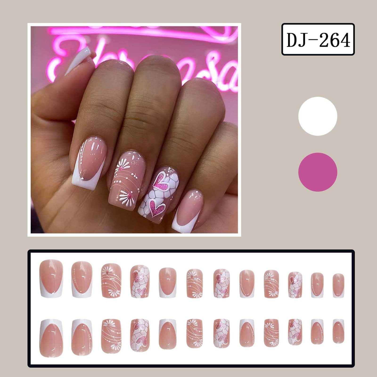 24Pcs Valentines French Tip Press on Nails Short Square Glitter Heart Fake Na…