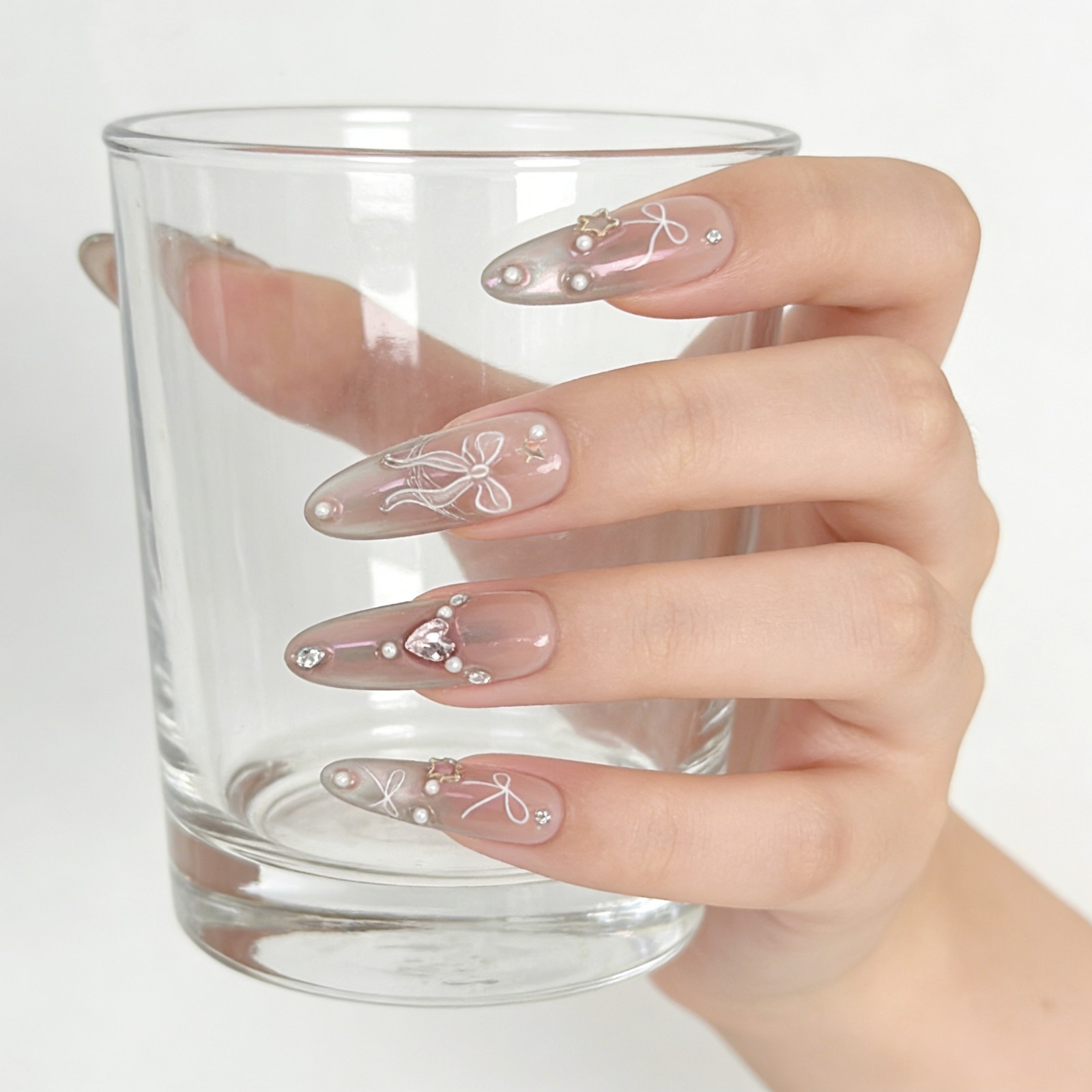 Pink Aurora Bow Press On Nails Almond Pearl Rhinestone Reusable Glue On Set