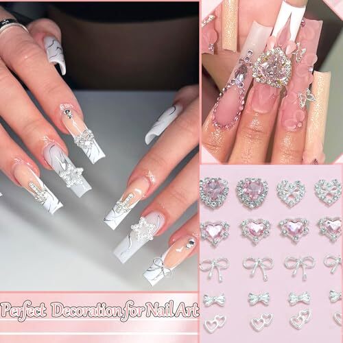 32PCS Bow Nail Charms 3D Silver Heart Shape Nail Art Charm Silver&Pink Bow