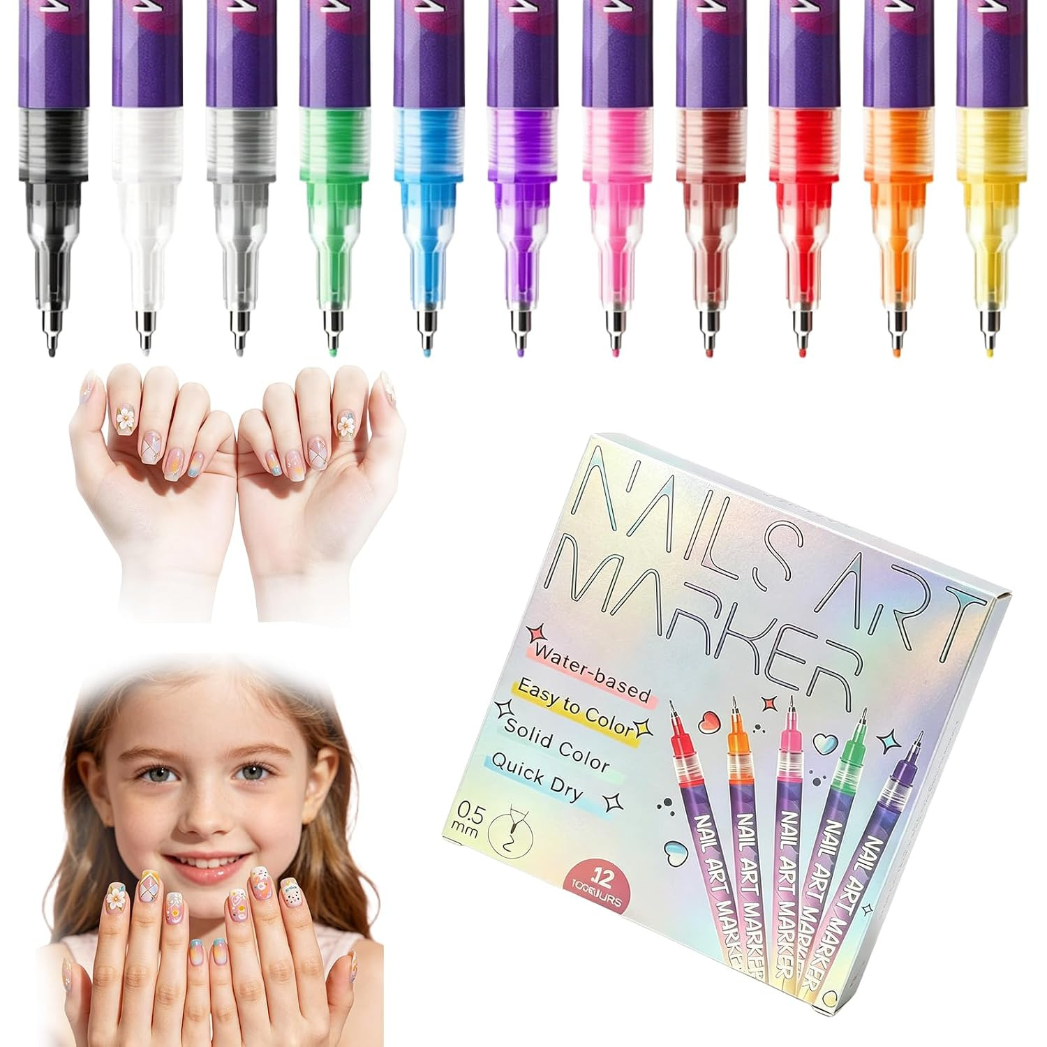 12 Color Nail Art Pens, 0.5Mm Micro Tip Nail Polish Markers, Quick Dry & Non-Tox